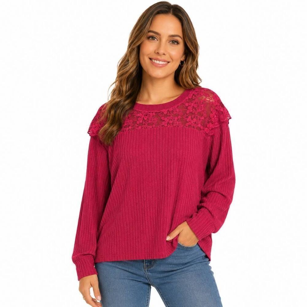 Maurices Lace Shoulder Ribbed Top M